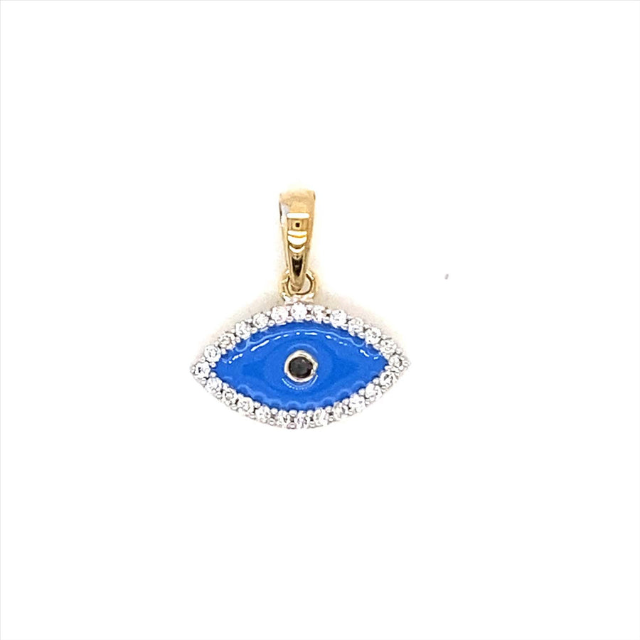 9k YG Diamond Enamel Eye Pendant 25D=0.11ct Claw Set . Meas. .7mm x 13mm
