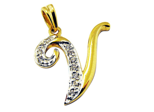 9k YG Diamond Script Letter Pendant V with 11D=0.04ct 15mm