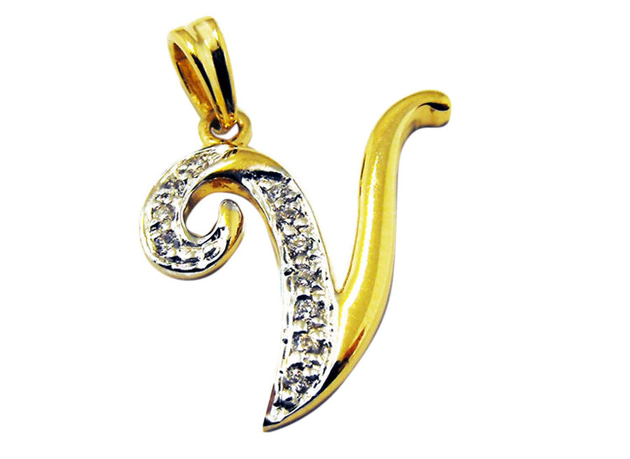 9k YG Diamond Script Letter Pendant V with 11D=0.04ct 15mm