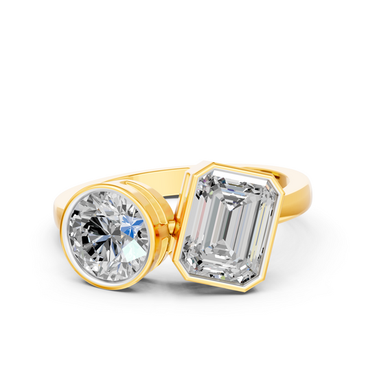 9k YG Lab Diamond Bezel Toi Et Moi Ring Brilliant and Emerald. 2D Approx. 3.57ct IGI Certified Size P