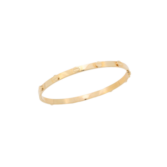 9k YG Hinged Oval Bangle 4mm Wide with Screwheads and Figure Eight Clasp 60x52mm