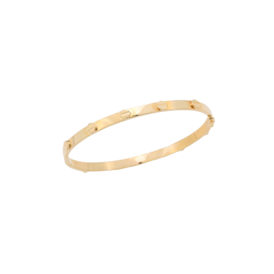9k YG Hinged Oval Bangle 4mm Wide with Screwheads and Figure Eight Clasp 60x52mm