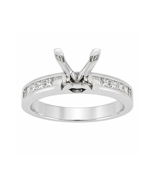 18k WG  Engagement Ring with Unset setting ( 1.00ct ) set with Princess Cut Diamonds  12D=0.50ct.  Size M.