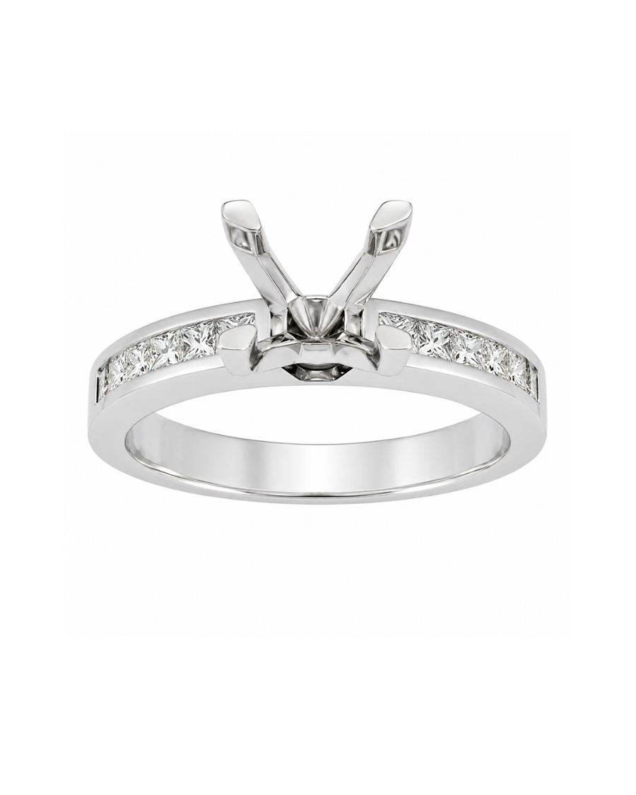18k WG  Engagement Ring with Unset setting ( 1.00ct ) set with Princess Cut Diamonds  12D=0.50ct.  Size M.