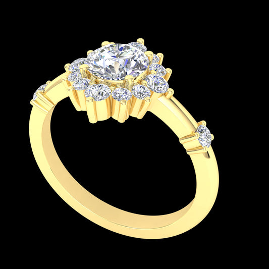 "Giulietta" 9k YG 6.5mm (1ct) CZ Flower Halo Ring with 2 CZs on either side of band. Size L