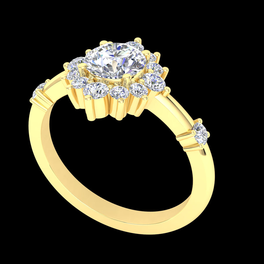 "Giulietta" 9k YG 6.5mm (1ct) CZ Flower Halo Ring with 2 CZs on either side of band. Size L