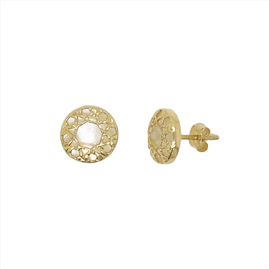 9k YG Round Mother of Pearl Stud Earrings 9.5mm