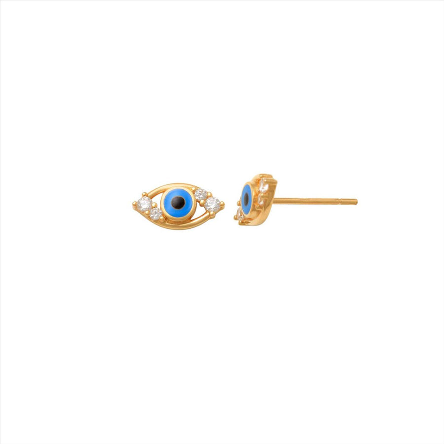 9k YG Enamel & CZ Eye Stud Earrings 4.5x8.5mm