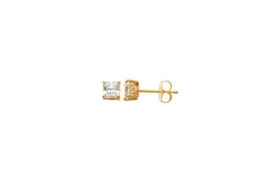 9k YG CZ 4 Claw Princess Cut Stud Earrings 4mm