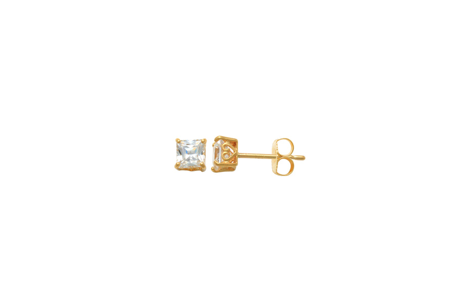 9k YG CZ 4 Claw Princess Cut Stud Earrings 4mm