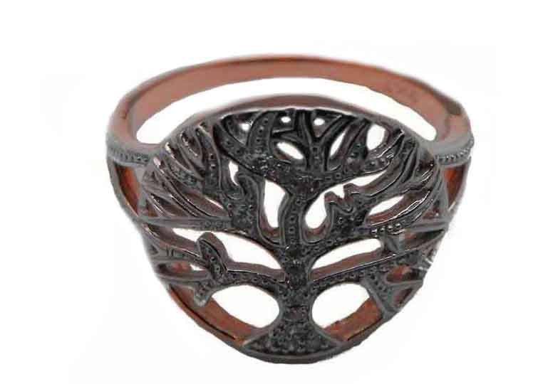 9k RG Tree of Life Ring with WG Diamond cutting set with 26D=0.085ct. Curved 16mm wide. Size M.