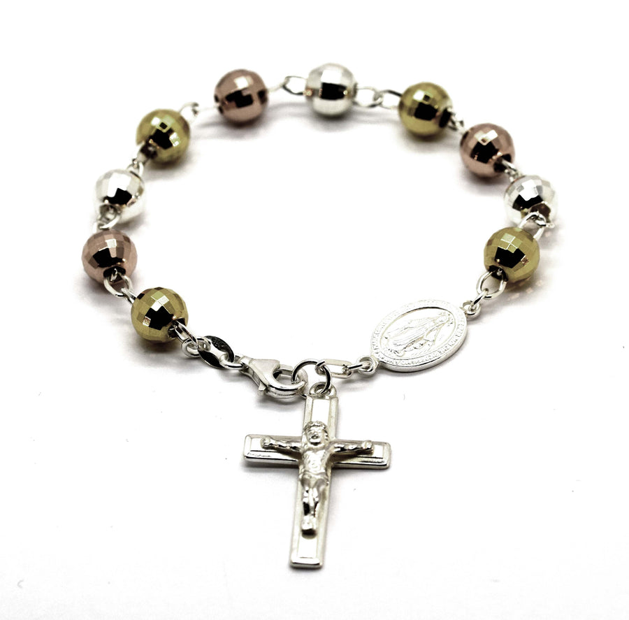 925 3T Rosary Bracelet Oval Link 8mm Diamond Cut Ball 19cm