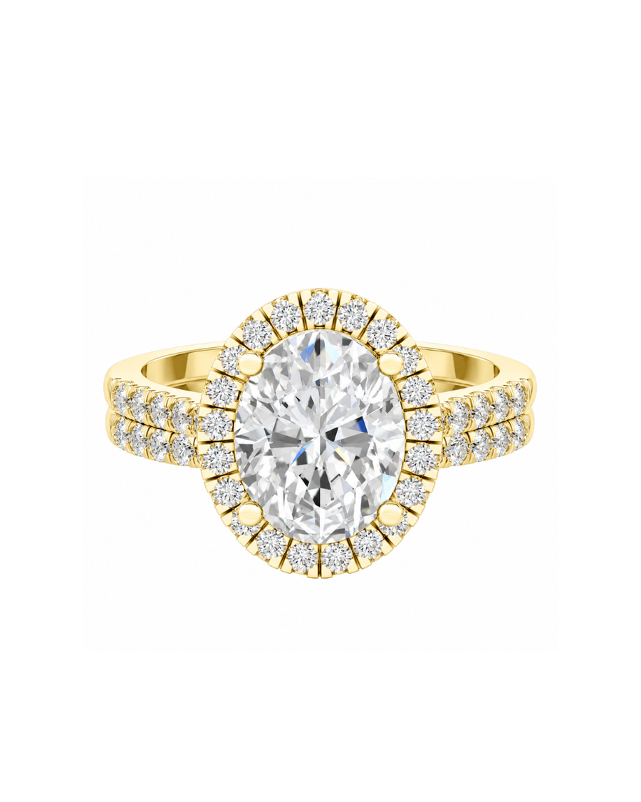 9k YG Lab Diamond Oval Halo Ring Set. Total Weight 47D=3.71ct IGI Certified Size P