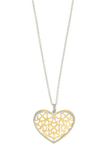 925 Two Tone Laser Cut Fancy Double Heart Pendant 16x20mm with Chain