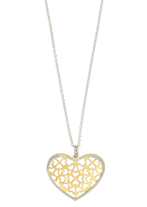 925 Two Tone Laser Cut Fancy Double Heart Pendant 16x20mm with Chain