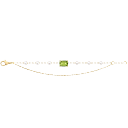 18k YG Akoya Pearl & Peridot Bracelet 18cm (15+3cm adjustable links). 6x 4mm Round Pearls & 1Peridot (6x4mm) = Approx 0.75ct Claw Set.