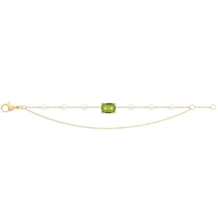 18k YG Akoya Pearl & Peridot Bracelet 18cm (15+3cm adjustable links). 6x 4mm Round Pearls & 1Peridot (6x4mm) = Approx 0.75ct Claw Set.