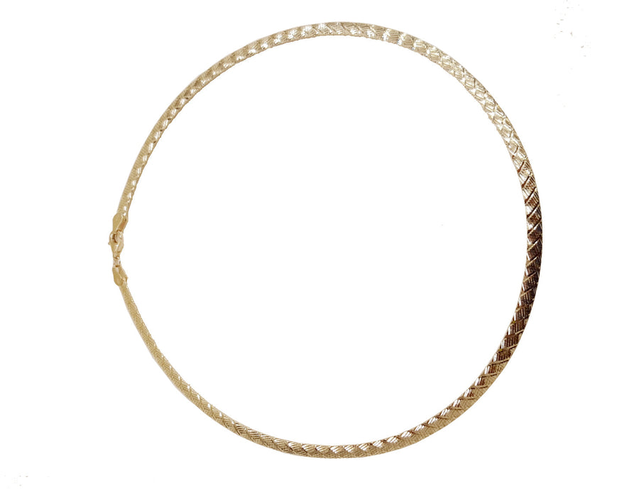 9k YG Italian Double Sided Plain and Swiss Cut  Omega Chain 5mm Wide 55cm  Approx 24.5g  This is an evening piece not suitable for everyday wear. To prevent damage, chain should be stored flat in a protective box.