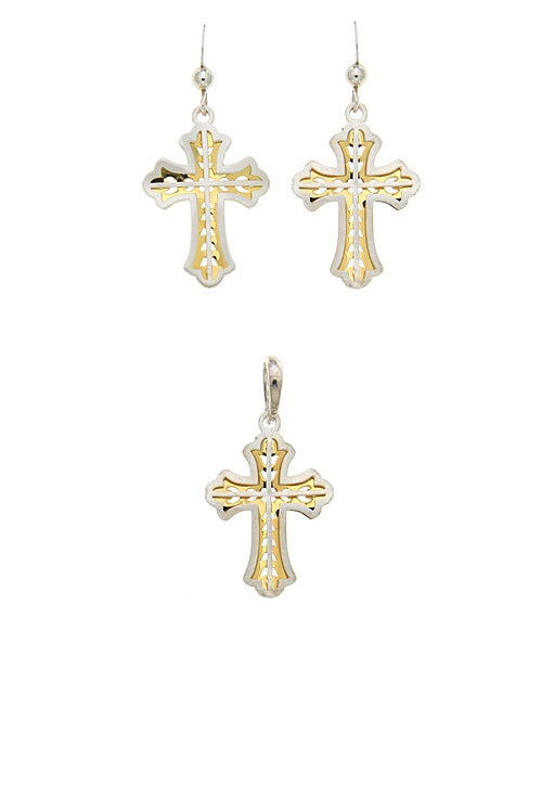 925 2T Laser Cross Earrings and Pendant Set 18x12mm