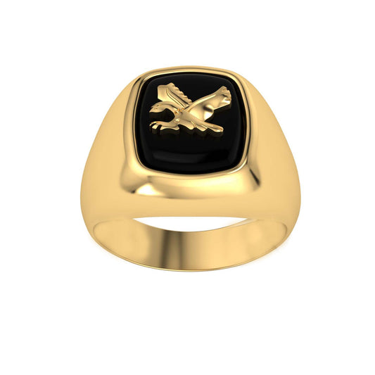 9k Yellow Gold 12 x 10mm Cushion Black Onyx Gents Rings with 9k Yellow Gold Eagle Size V