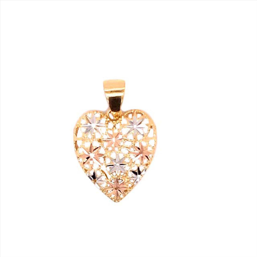 9k 3T Heart Pendant with Diamond Cut Flowers 16mm