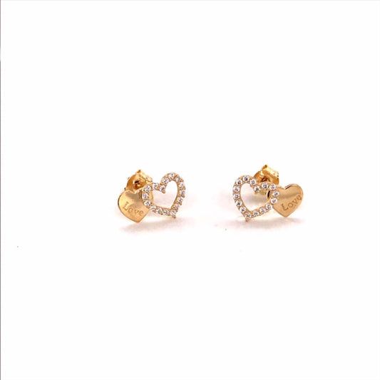 9k YG CZ Double Heart Stud Earrings 7x10mm