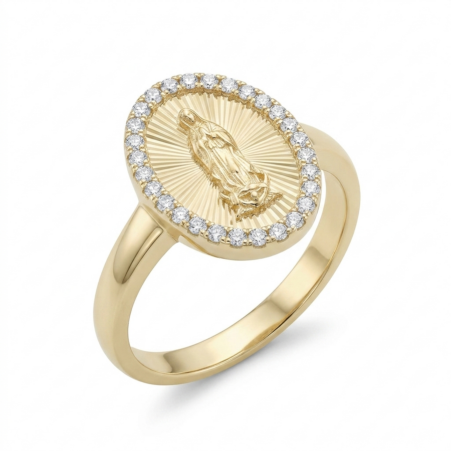 9k YG CZ Border Miraculous Madonna Ring 15mm. Size O