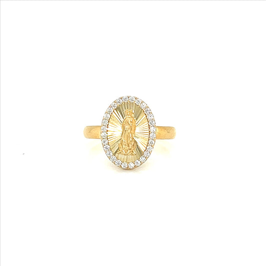 9k YG CZ Border Miraculous Madonna Ring 15mm. Size N