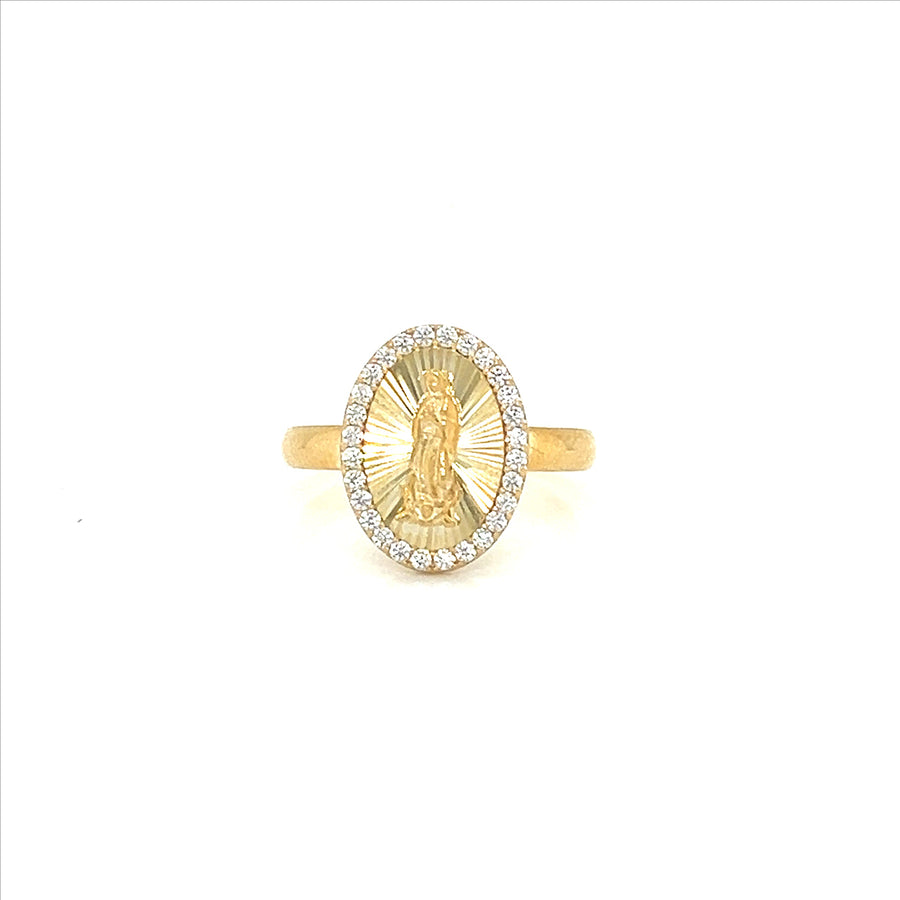 9k YG CZ Border Miraculous Madonna Ring 15mm. Size N
