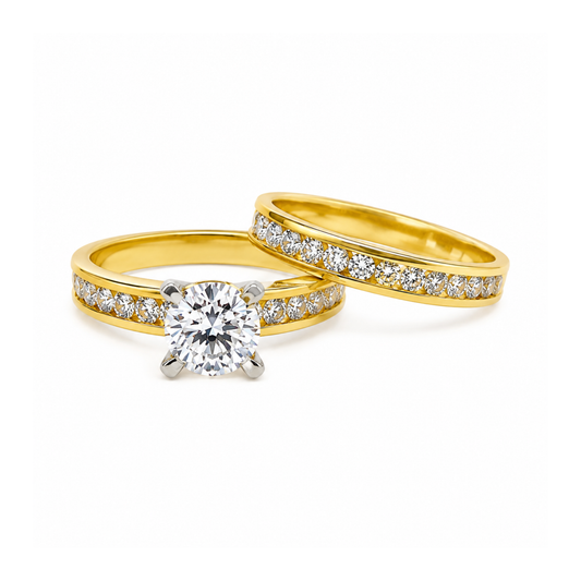 New_9K YG CZ engagement ring and wedding band. Engagement ring set with 12 CZ channel set, 1 CZ =1.5ct (7mm). Wedding Band channel set with 14 CZ= 0.55ct. Band width 3.5mm. Size Z