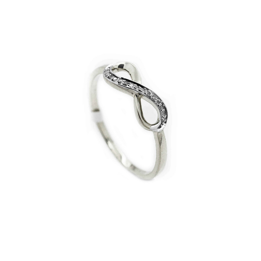 9k WG Infinity Ring  set with 15D=0.08ct. Size P.