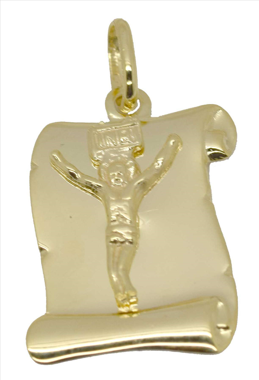 9k YG Italian Solid Polished Scroll Medallion Pendant with Crucifiction . 15mm x 12mm
