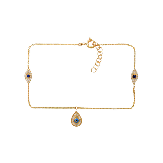 9k YG CZ, Sapphire & Enamel Evil Eye Charm Oval Link Bracelet 45cm