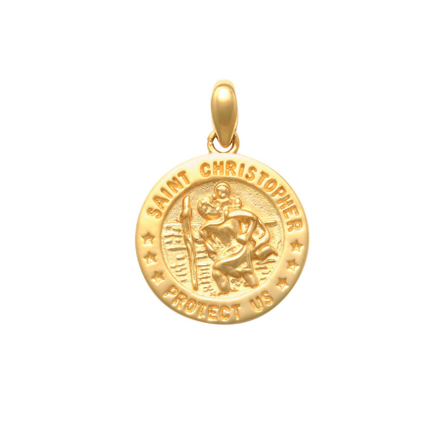 9k YG Solid Round St Christopher Medallion Pendant 15mm