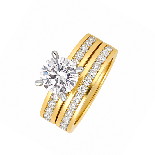 New_9K YG CZ engagement ring and wedding band. Engagement ring set with 12 CZ channel set, 1 CZ =1.5ct (7mm). Wedding Band channel set with 14 CZ= 0.55ct. Band width 3.5mm. Size T