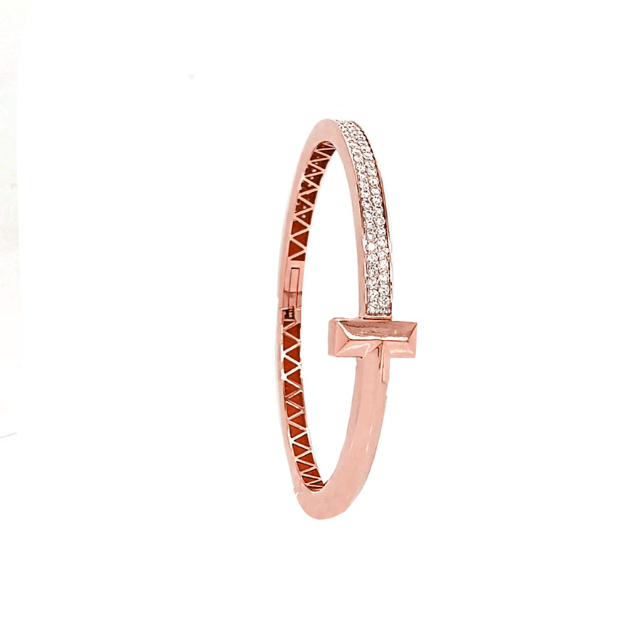 9k RG Hinged Oval Bangle with Diamonds and T-Clasp, 85D = 1.51ct, SI1 G.  57x49mm