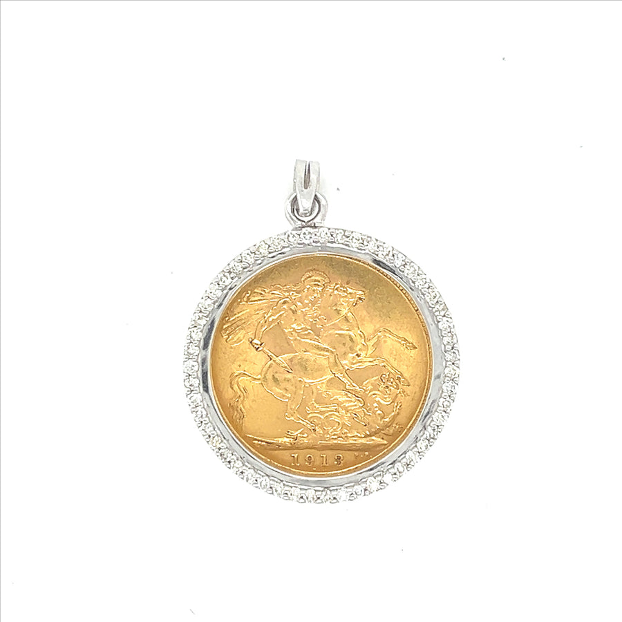 9k WG Diamond Pendant with 1913 St George Sovereign  51D = 0.51ct Claw Set . Meas. 25mm