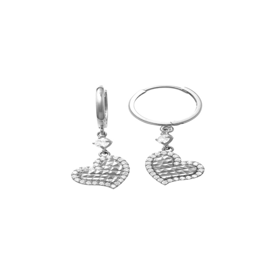 9k WG CZ Round Hoop Earrings 10mm Diameter. with CZ Heart Drop. 1.5mm Wide