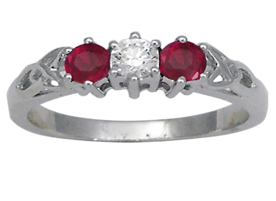 18k WG Dress ring  set with 2 Ruby=0.50ct & 1D=0.19ct  Size M.