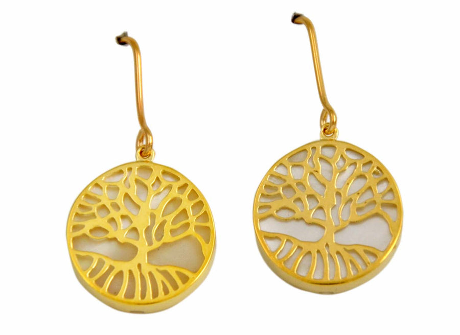 9k YG Tree of Life Shepherd Hook Earrings with Mother of Pearl 16mm Wide