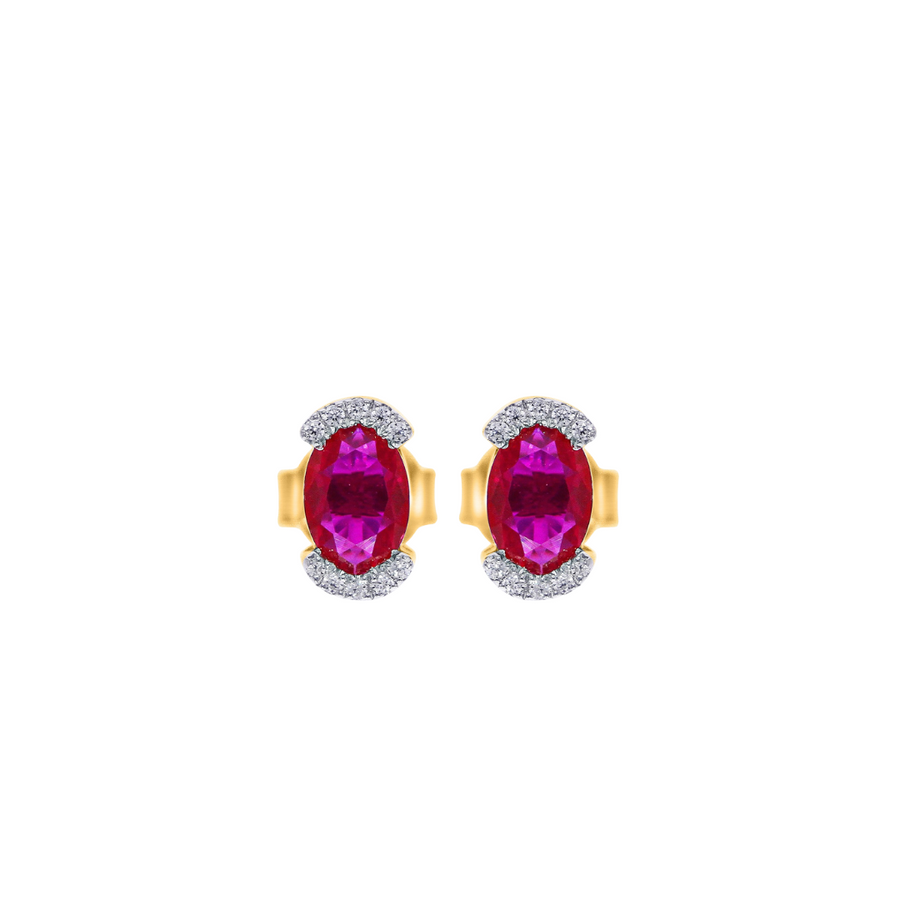 9k YG Diamond and Oval Cushion Ruby Studs with Butterfly Findings, 20D=0.06ct, 2RU(6x4mm) Approx 1.25ct