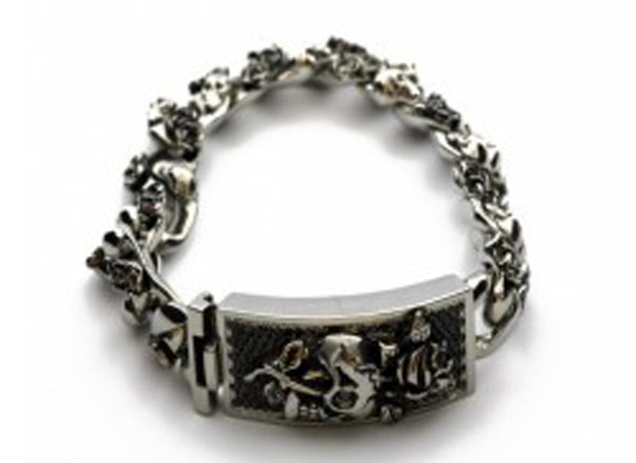 Stainless Steel Skull/Rose Onyx Pave ID Box Bracelet W/DBL Skull/DBL Rose Gourmet Link Stl 21cm