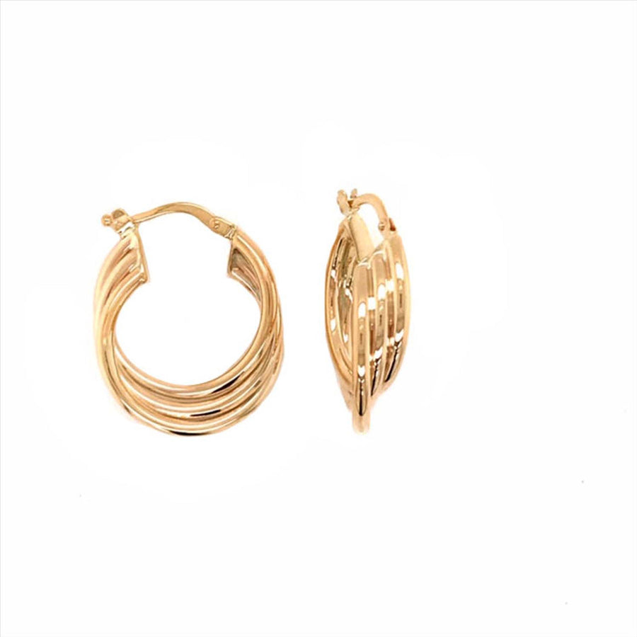 9k YG Round Hoop Earrings 16mm Diameter. Triple Round Tubes 1.8mm Wide