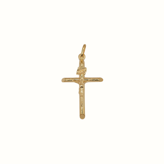 9k YG Round Tube (Salami Cut) Crucifixion Pendant 32x22mm.