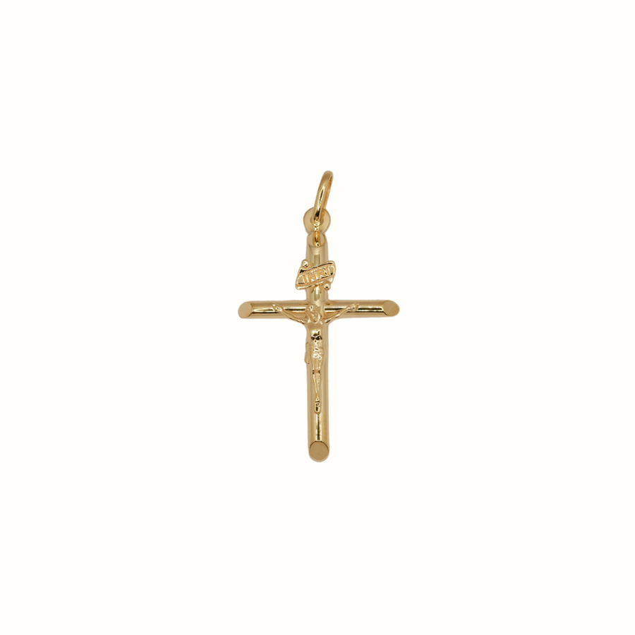 9k YG Round Tube (Salami Cut) Crucifixion Pendant 32x22mm.