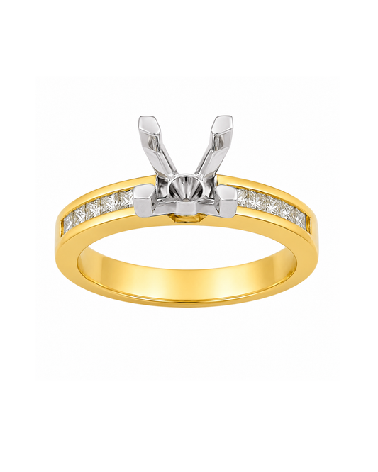 18k YG Engagement Ring with WG Unset setting ( 1.00ct )  set with Princess Cut Diamonds  10D=0.30ct.  Size M.