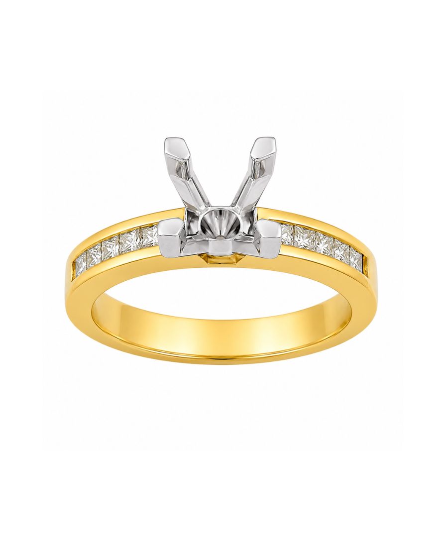 18k YG Engagement Ring with WG Unset setting ( 1.00ct )  set with Princess Cut Diamonds  10D=0.30ct.  Size M.