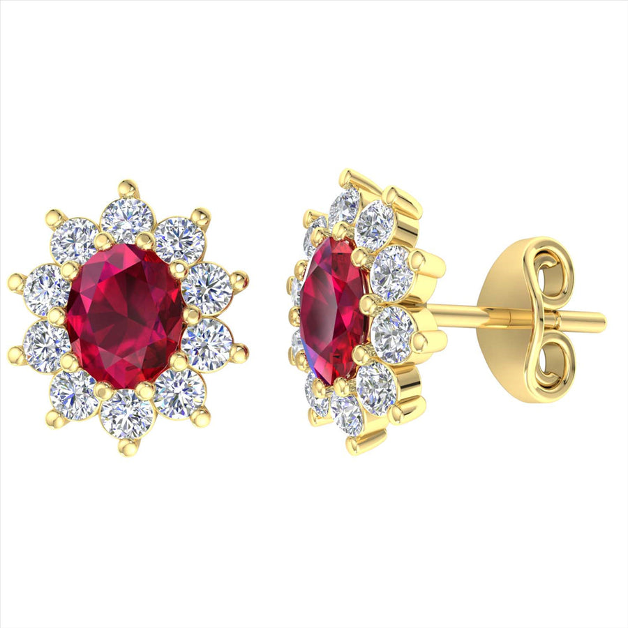 9k 2T Diamond & Natural Clarity Enhanced Ruby Cluster Stud Earrings 20D=0.50ct & 2R (4x5mm)=0.85ct. Meas. 10x8.5mm