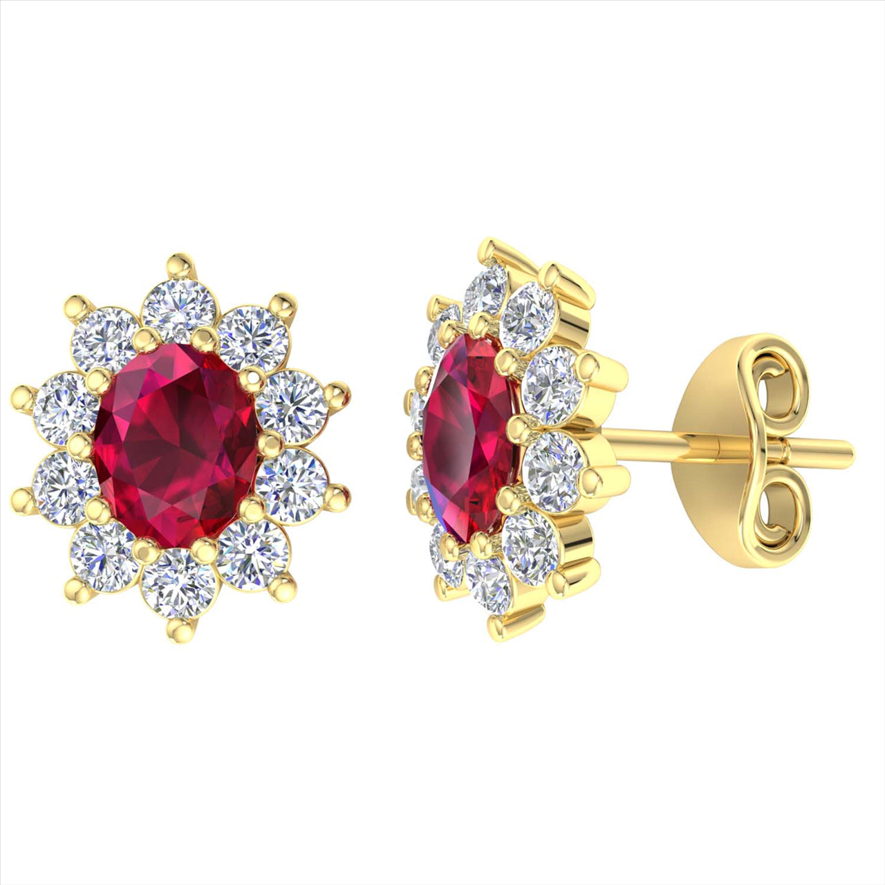 9k 2T Diamond & Ruby Cluster Studs 20D=0.50ct & 2Ru=0.85ct.