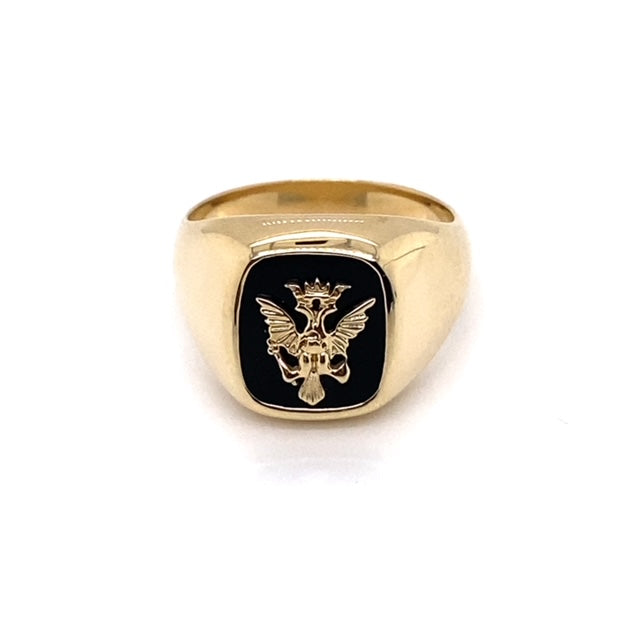 9k Yellow Gold 12 x 10mm Cushion Black Onyx Gents Rings with 9k Yellow Gold Double-Headed Eagle Size Q